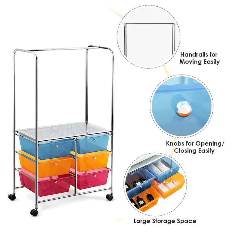 Chariot de rangement à roulettes Costway à 6 tiroirs avec barre de suspension - 25 x 14,5 x 44