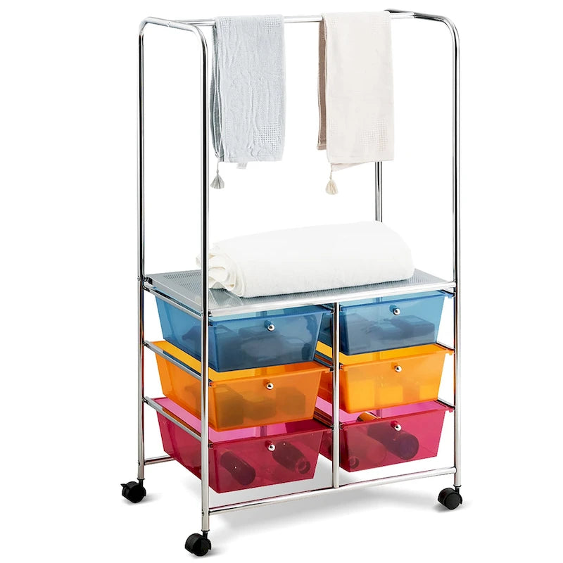 Chariot de rangement à roulettes Costway à 6 tiroirs avec barre de suspension - 25 x 14,5 x 44