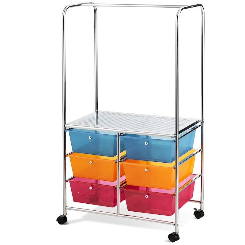 Chariot de rangement à roulettes Costway à 6 tiroirs avec barre de suspension - 25 x 14,5 x 44