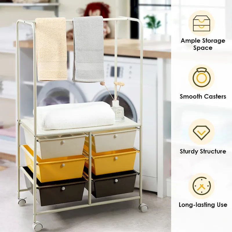 Chariot de rangement à roulettes Costway à 6 tiroirs avec barre de suspension - 25 x 14,5 x 44