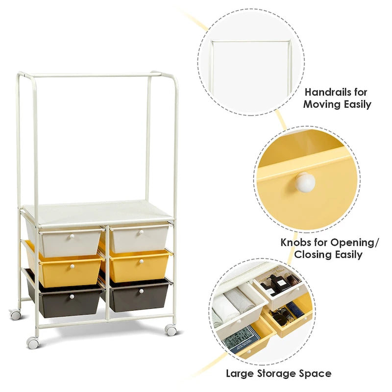 Chariot de rangement à roulettes Costway à 6 tiroirs avec barre de suspension - 25 x 14,5 x 44
