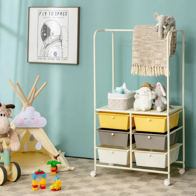 Chariot de rangement à roulettes Costway à 6 tiroirs avec barre de suspension - 25 x 14,5 x 44