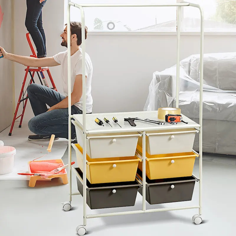 Chariot de rangement à roulettes Costway à 6 tiroirs avec barre de suspension - 25 x 14,5 x 44