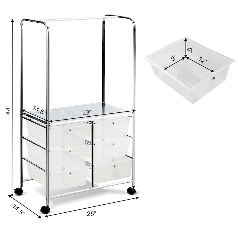 Chariot de rangement à roulettes Costway à 6 tiroirs avec barre de suspension - 25 x 14,5 x 44