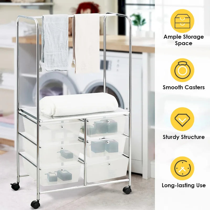Chariot de rangement à roulettes Costway à 6 tiroirs avec barre de suspension - 25 x 14,5 x 44