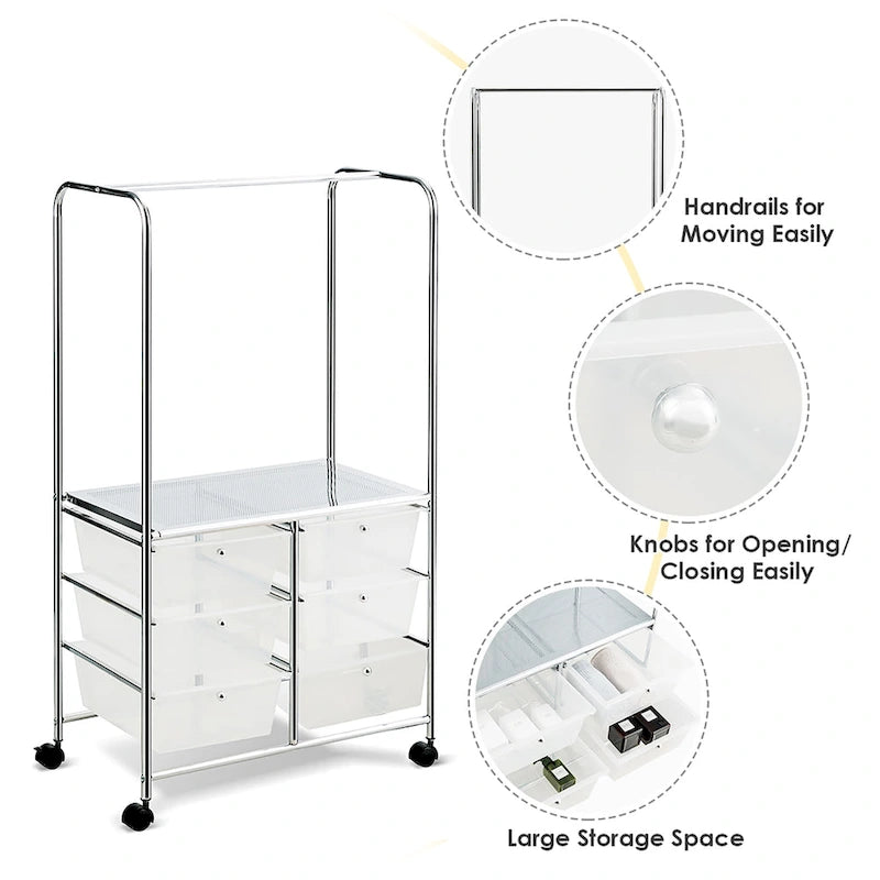 Chariot de rangement à roulettes Costway à 6 tiroirs avec barre de suspension - 25 x 14,5 x 44
