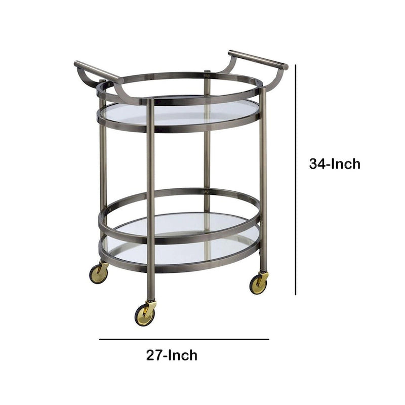 Chariot de service ovale en métal argenté à 2 étagères - 86 cm (H) x 48 cm (l) x 69 cm (P)