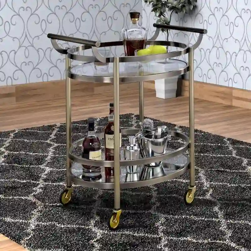 Chariot de service ovale en métal argenté à 2 étagères - 86 cm (H) x 48 cm (l) x 69 cm (P)