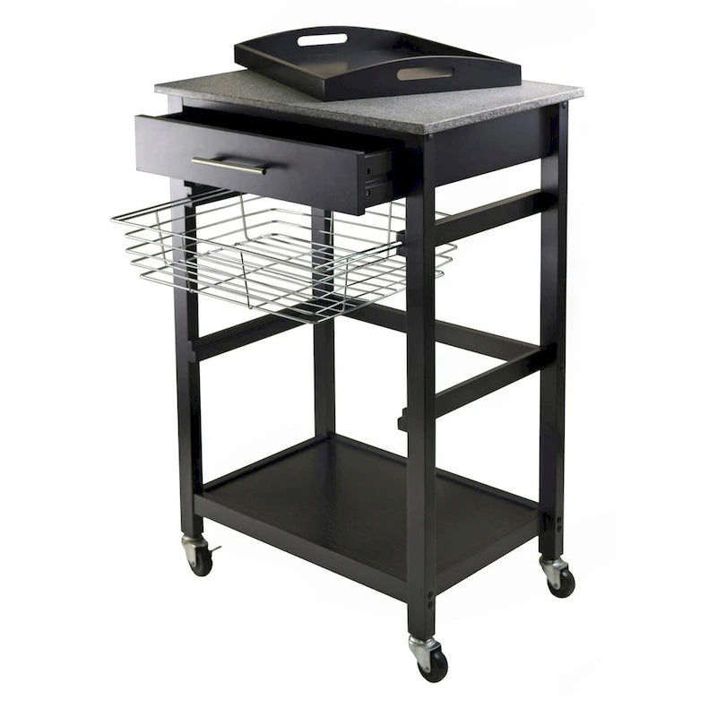 Chariot de cuisine utilitaire Julia, plateau en granit, noir - 57,6 x 40,8 x 86,2 cm