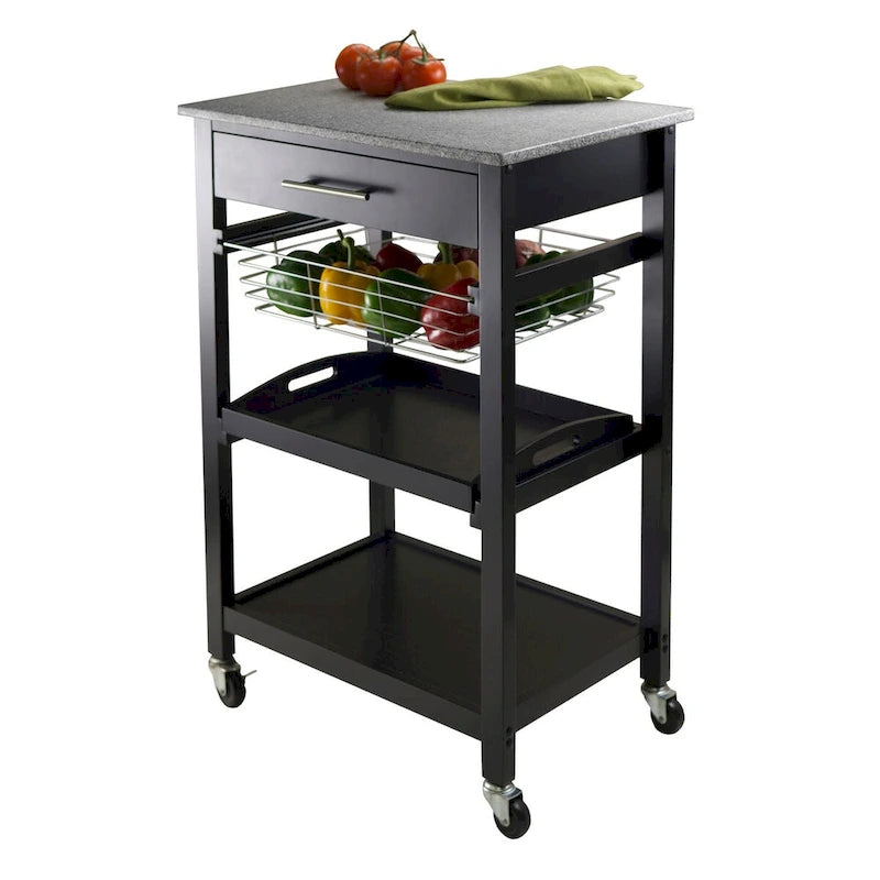Chariot de cuisine utilitaire Julia, plateau en granit, noir - 57,6 x 40,8 x 86,2 cm