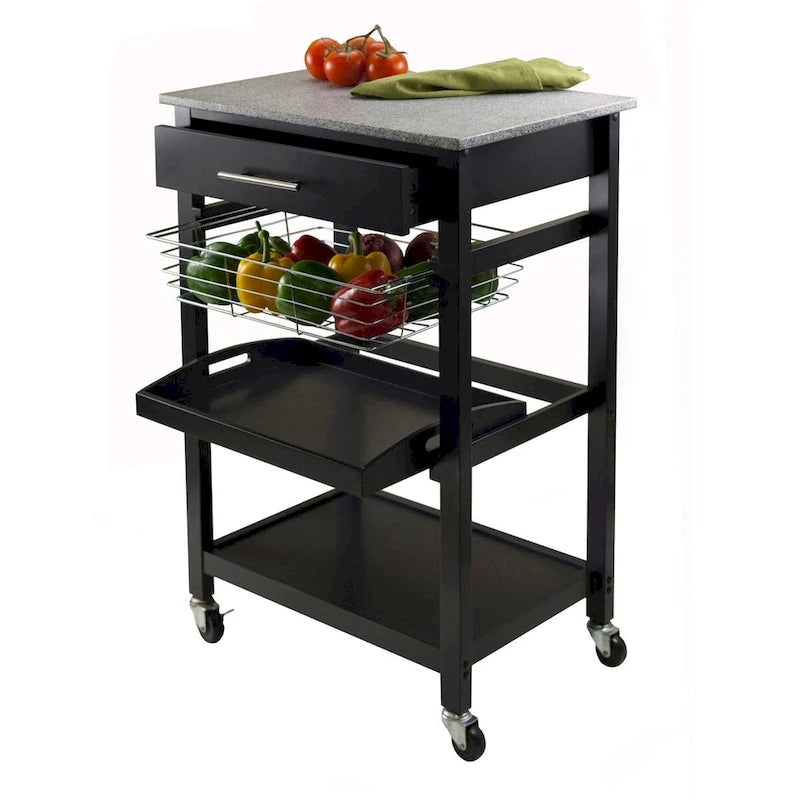 Chariot de cuisine utilitaire Julia, plateau en granit, noir - 57,6 x 40,8 x 86,2 cm