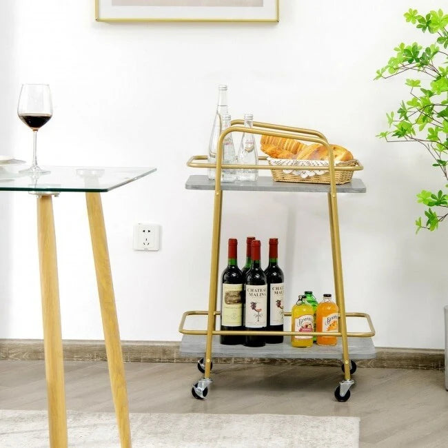Chariot de cuisine roulant à 2 niveaux avec cadre en acier et roulettes verrouillables - Gris - 16 x 24 x 32,5 (L x l x H)