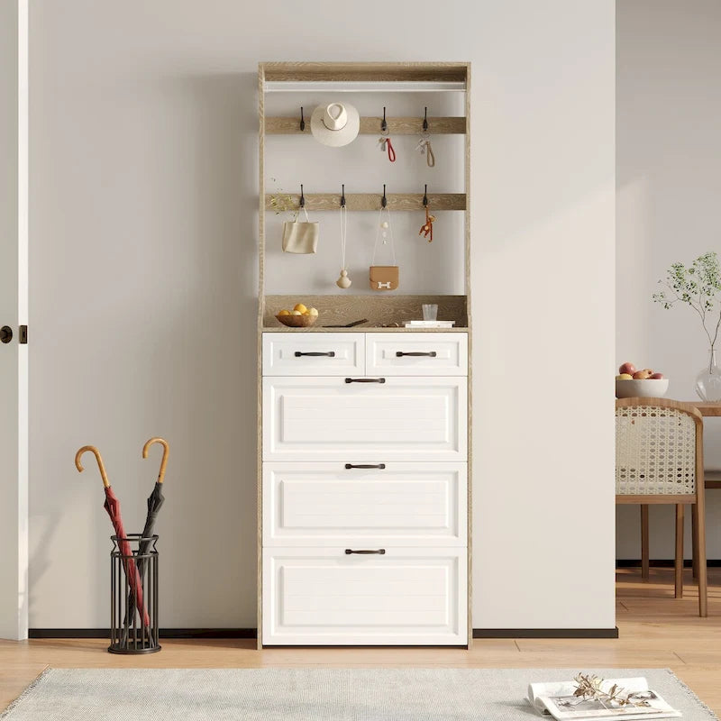 Meuble à chaussures en bois, 24 compartiments pliables, 2 tiroirs, 3 tiroirs rabattables et un cintre