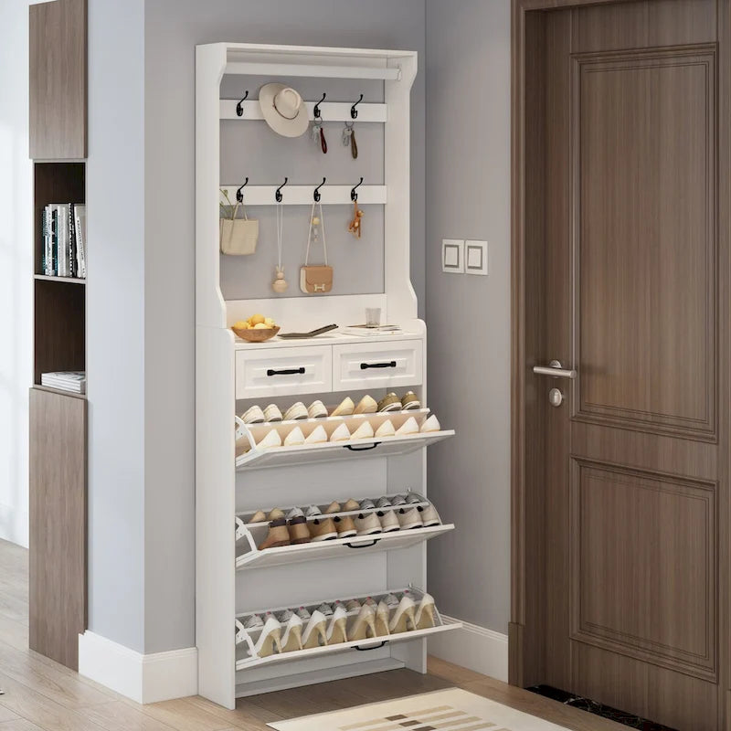 Meuble à chaussures en bois, 24 compartiments pliables, 2 tiroirs, 3 tiroirs rabattables et un cintre