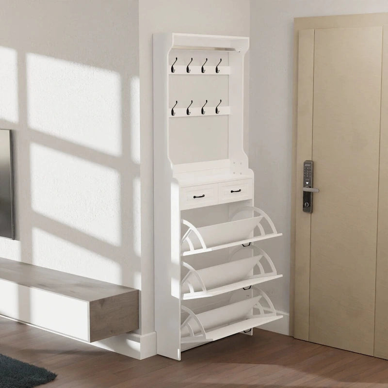 Meuble à chaussures en bois, 24 compartiments pliables, 2 tiroirs, 3 tiroirs rabattables et un cintre