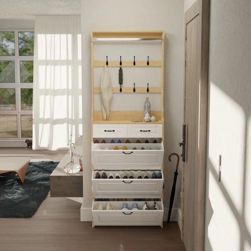 Meuble à chaussures en bois, 24 compartiments pliables, 2 tiroirs, 3 tiroirs rabattables et un cintre