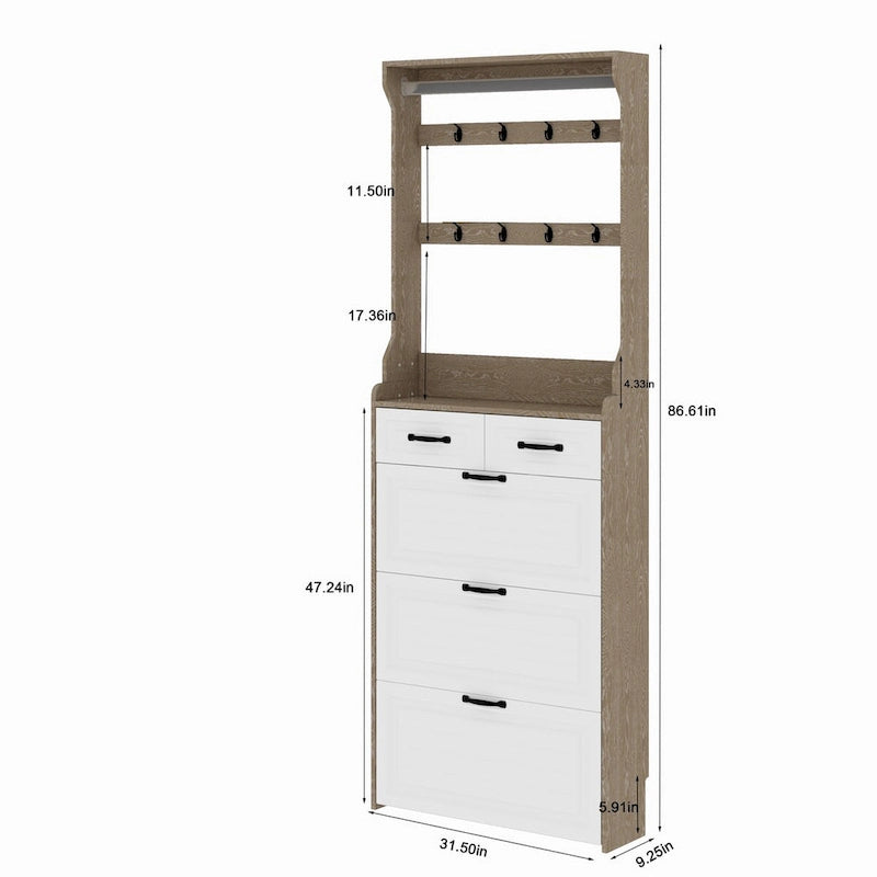 Meuble à chaussures en bois, 24 compartiments pliables, 2 tiroirs, 3 tiroirs rabattables et un cintre