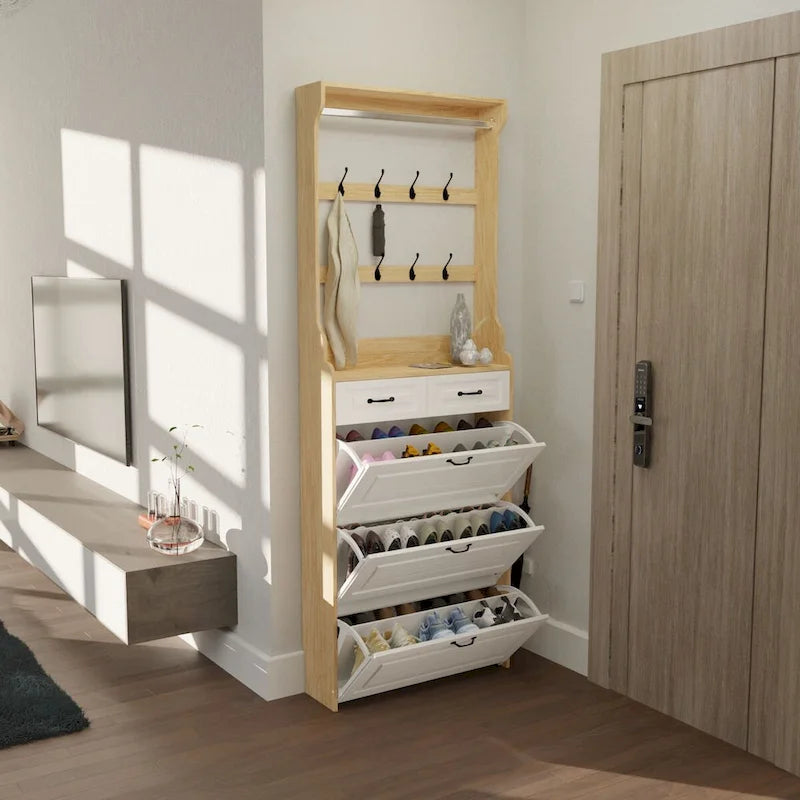 Meuble à chaussures en bois, 24 compartiments pliables, 2 tiroirs, 3 tiroirs rabattables et un cintre