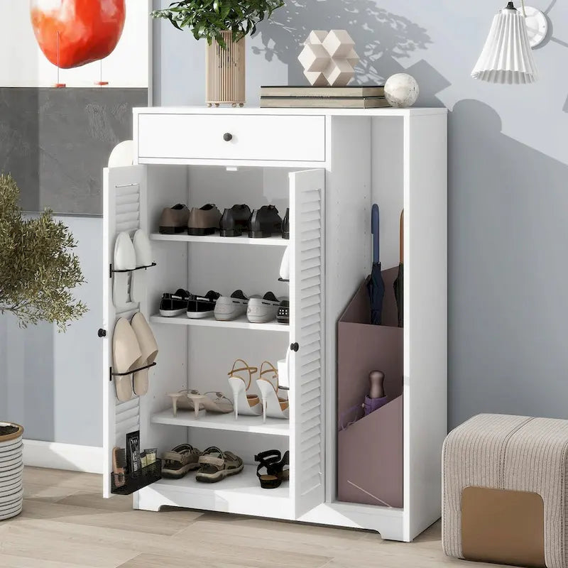 Étagère à chaussures autoportante avec 2 portes à persiennes et étagère de rangement réglable
