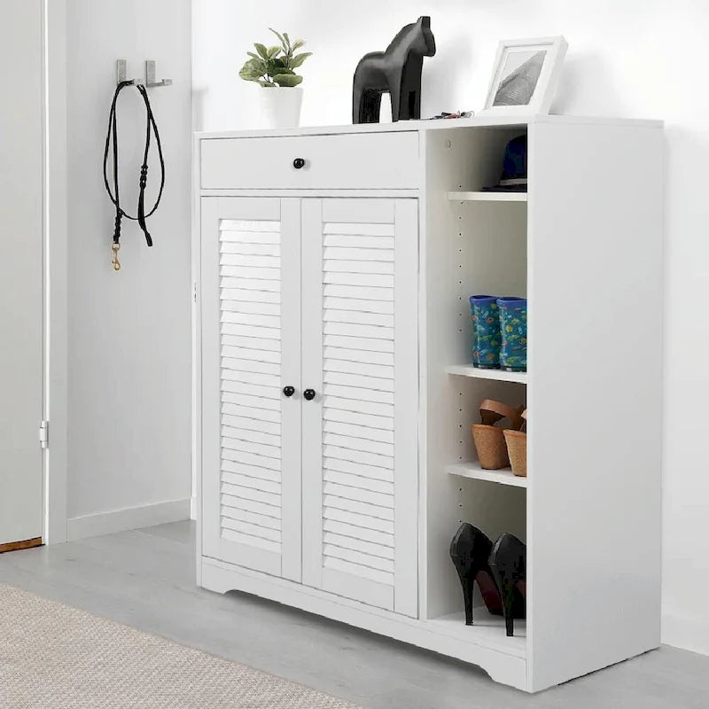Étagère à chaussures autoportante avec 2 portes à persiennes et étagère de rangement réglable