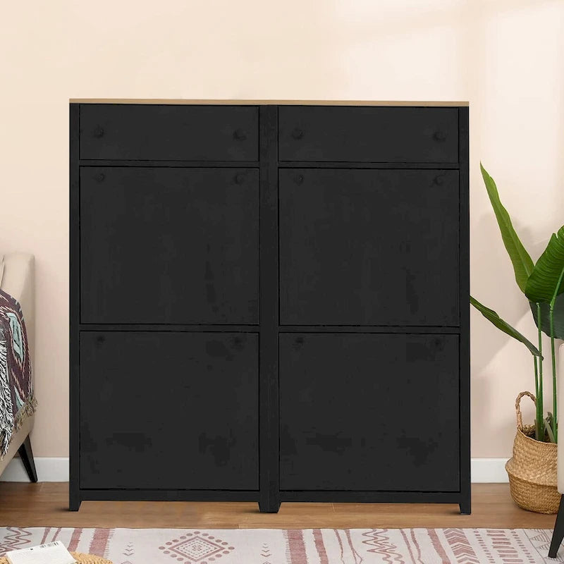 Modern Minimalist Set of Two Wooden Shoe Storage Cabinets