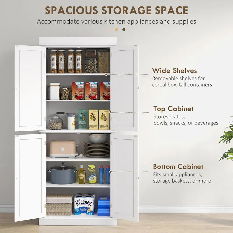 Meuble de rangement de cuisine 72,5 cm, armoire de cuisine autoportante avec 4 portes et étagères réglables pour salle à manger, MDF