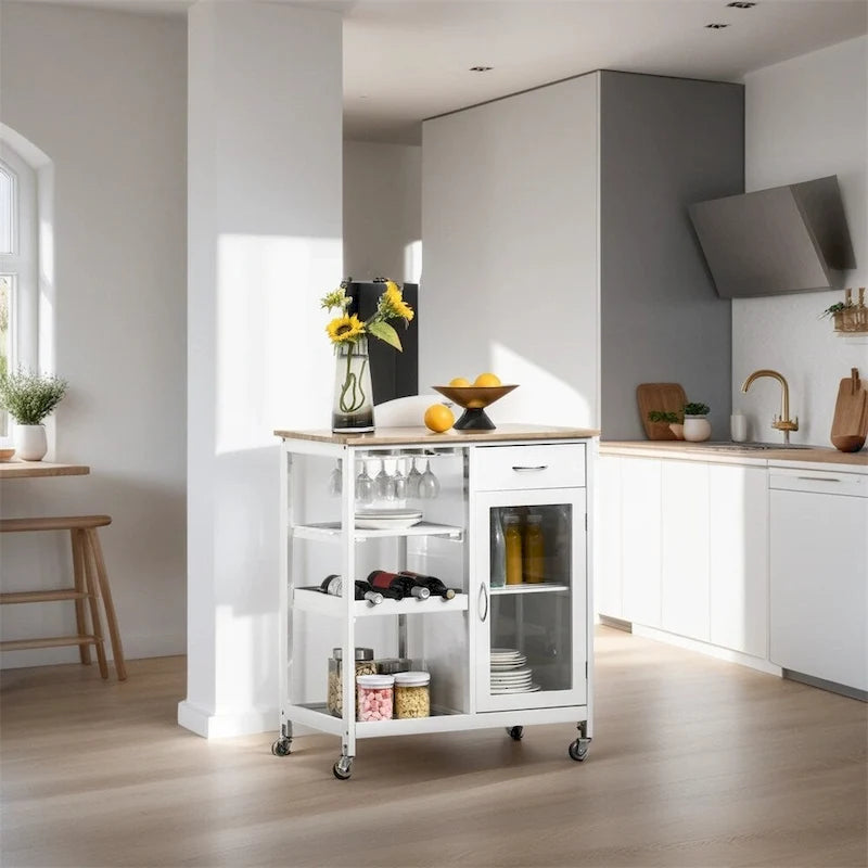Îlot de cuisine roulant en bois avec rangement et porte-verres à pied - Non applicable