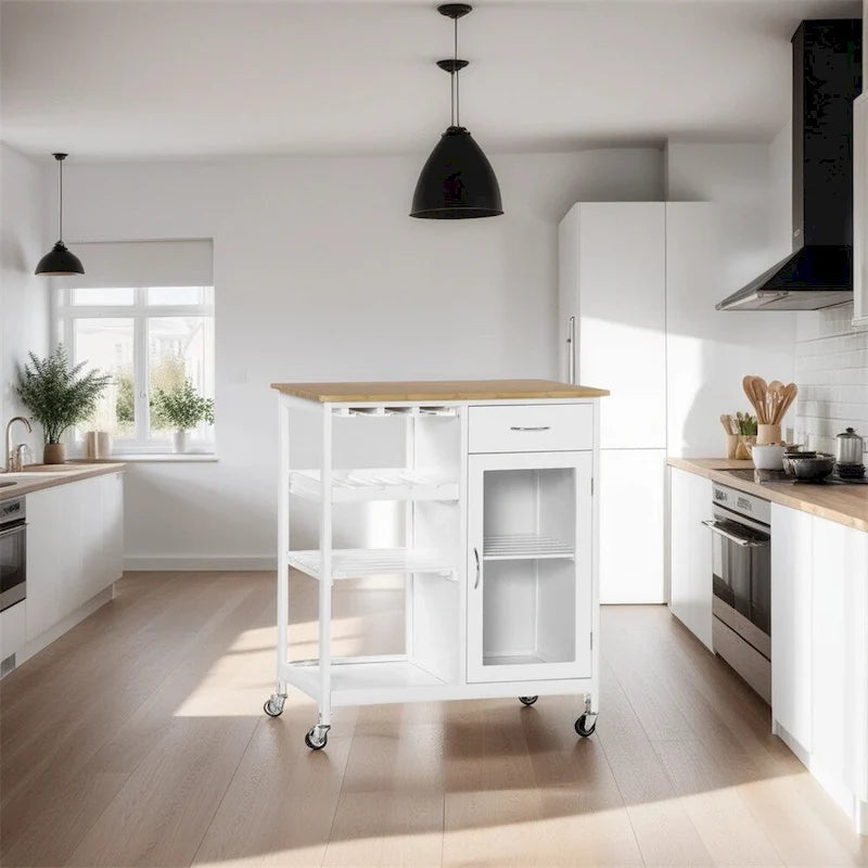 Îlot de cuisine roulant en bois avec rangement et porte-verres à pied - Non applicable