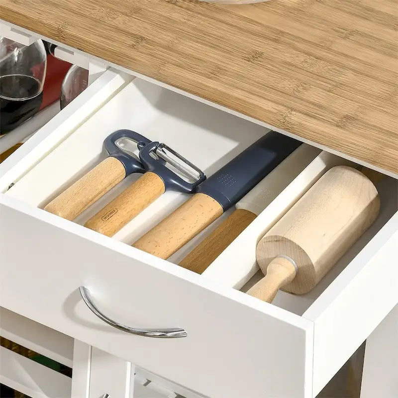 Îlot de cuisine roulant en bois avec rangement et porte-verres à pied - Non applicable