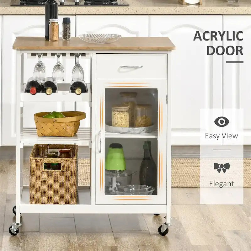 Îlot de cuisine roulant en bois avec rangement et porte-verres à pied - Non applicable