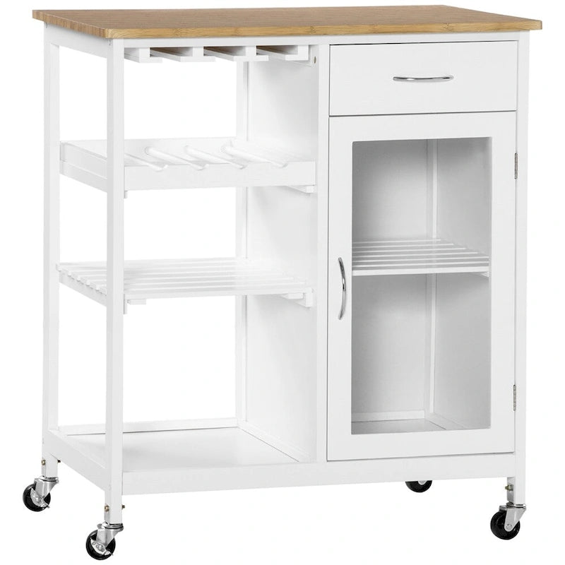 Îlot de cuisine roulant en bois avec rangement et porte-verres à pied - Non applicable
