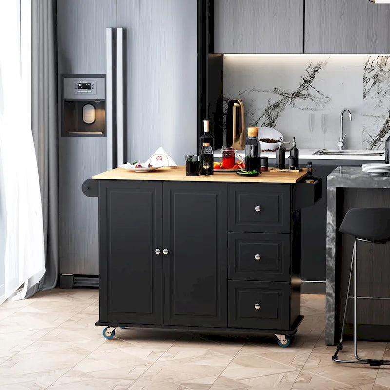 Mobile Kitchen Island with Drop Leaf, Towel Rack and 3 Drawers
