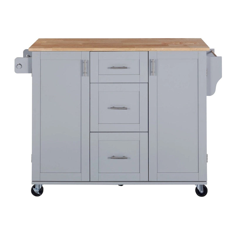 Chariot de cuisine en bois d'hévéa avec abattant, étagère de rangement interne, étagère à épices, 2 étagères coulissantes et 3 tiroirs