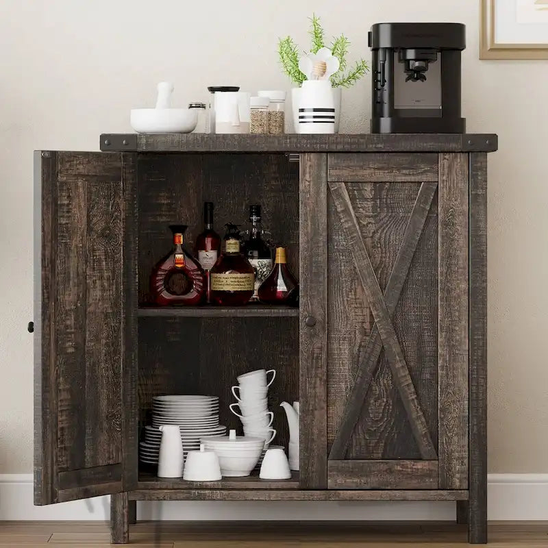 Buffet de style campagnard avec étagères de rangement, marron - Non disponible