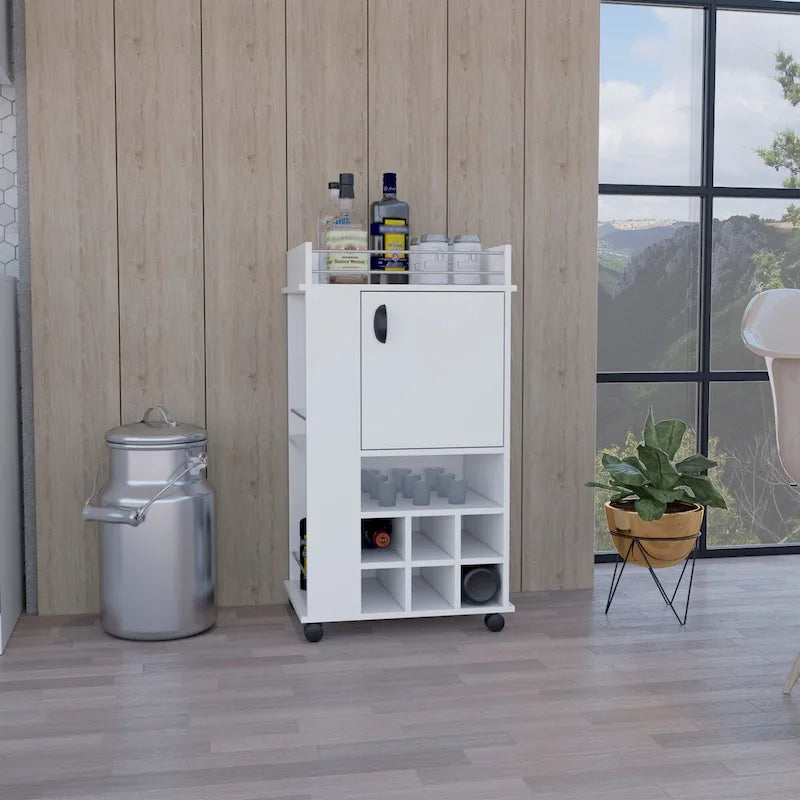 Chariot de bar avec armoire, casier à vin intégré pour 6 bouteilles et roulettes