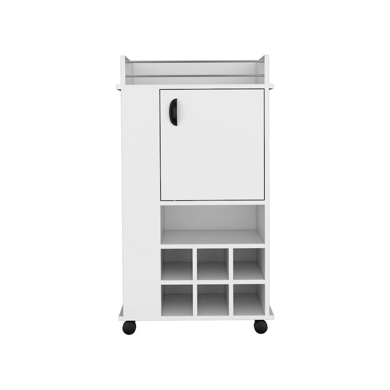 Chariot de bar avec armoire, casier à vin intégré pour 6 bouteilles et roulettes