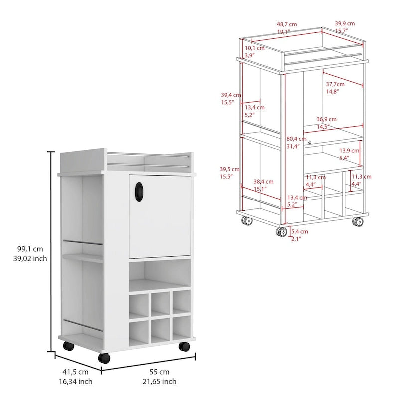 Chariot de bar avec armoire, casier à vin intégré pour 6 bouteilles et roulettes