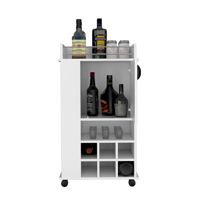 Chariot de bar avec armoire, casier à vin intégré pour 6 bouteilles et roulettes
