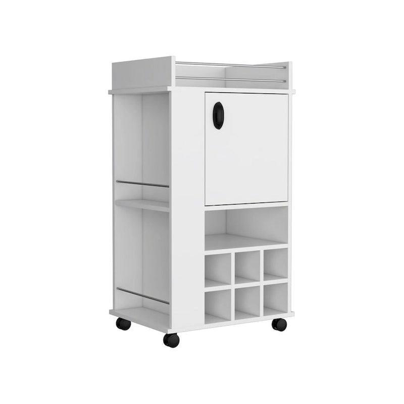 Chariot de bar avec armoire, casier à vin intégré pour 6 bouteilles et roulettes