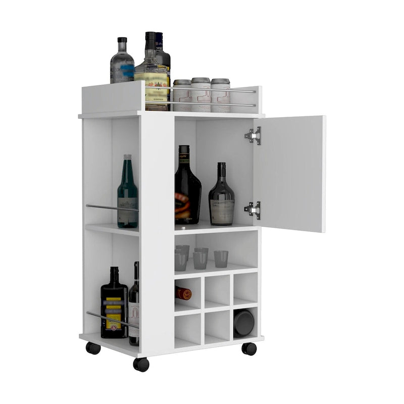 Chariot de bar avec armoire, casier à vin intégré pour 6 bouteilles et roulettes
