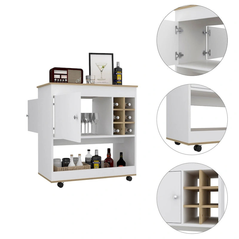 Chariot de bar Aloha, panneau inférieur, six casiers à bouteilles, un meuble pour la cuisine, les réceptions et le salon