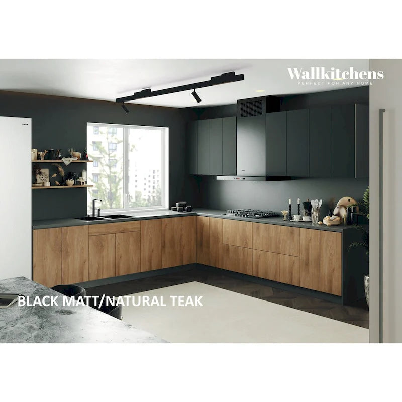Collection Kitchen Prodigy, base en teck naturel et noir, largeur 11 pieds (130 x 130 cm).
