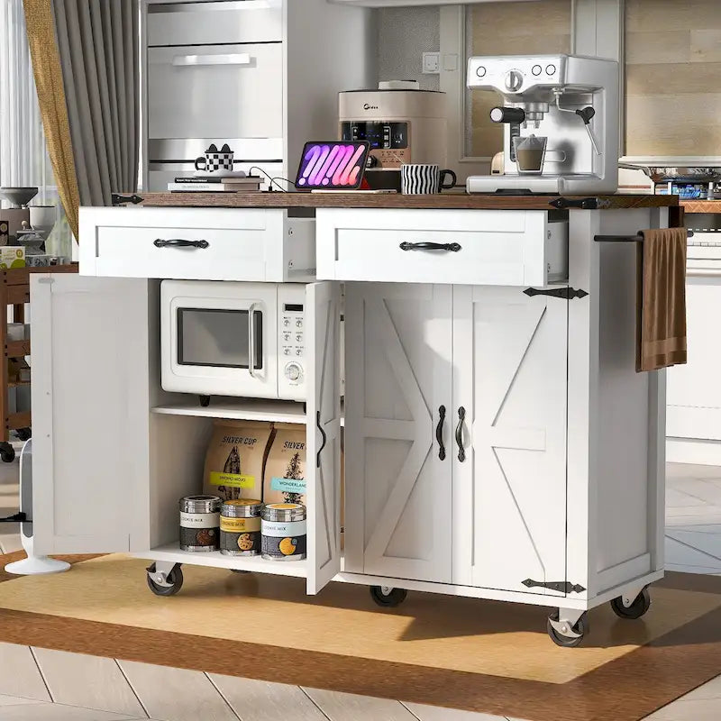 Îlot de cuisine de style campagnard de 53,5 po avec prise électrique, abattant, porte-épices et 2 tiroirs, 5 roues