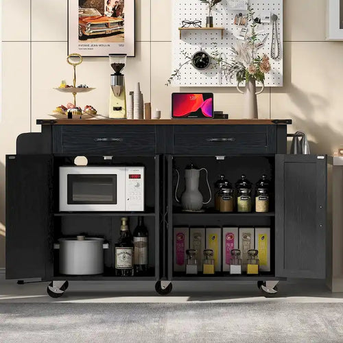 Îlot de cuisine de style campagnard de 53,5 po avec prise électrique, abattant, porte-épices et 2 tiroirs, 5 roues