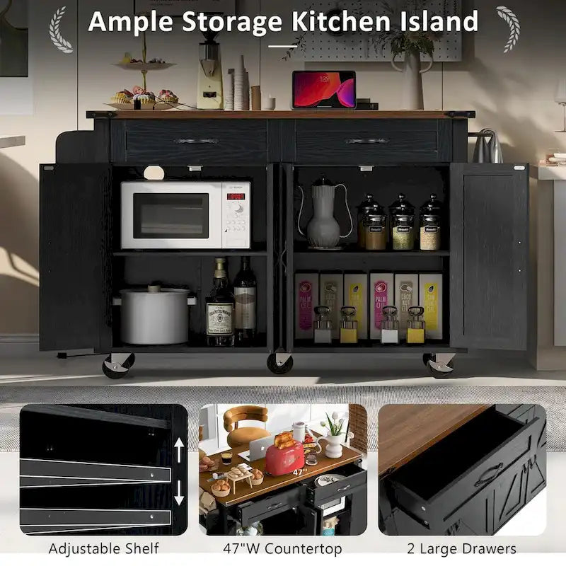 Îlot de cuisine de style campagnard de 53,5 po avec prise électrique, abattant, porte-épices et 2 tiroirs, 5 roues