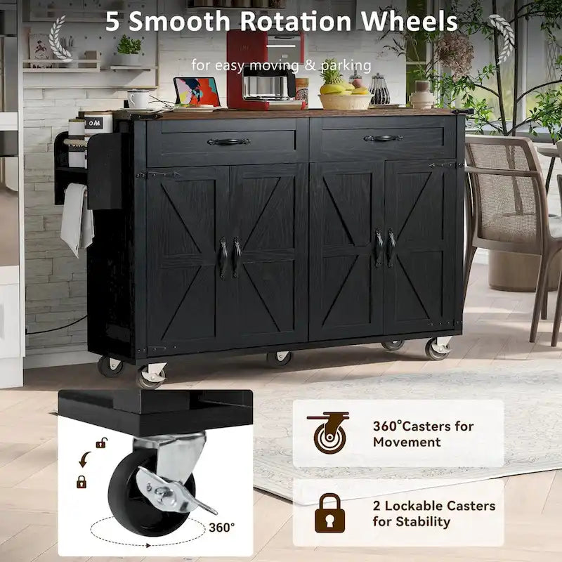 Îlot de cuisine de style campagnard de 53,5 po avec prise électrique, abattant, porte-épices et 2 tiroirs, 5 roues