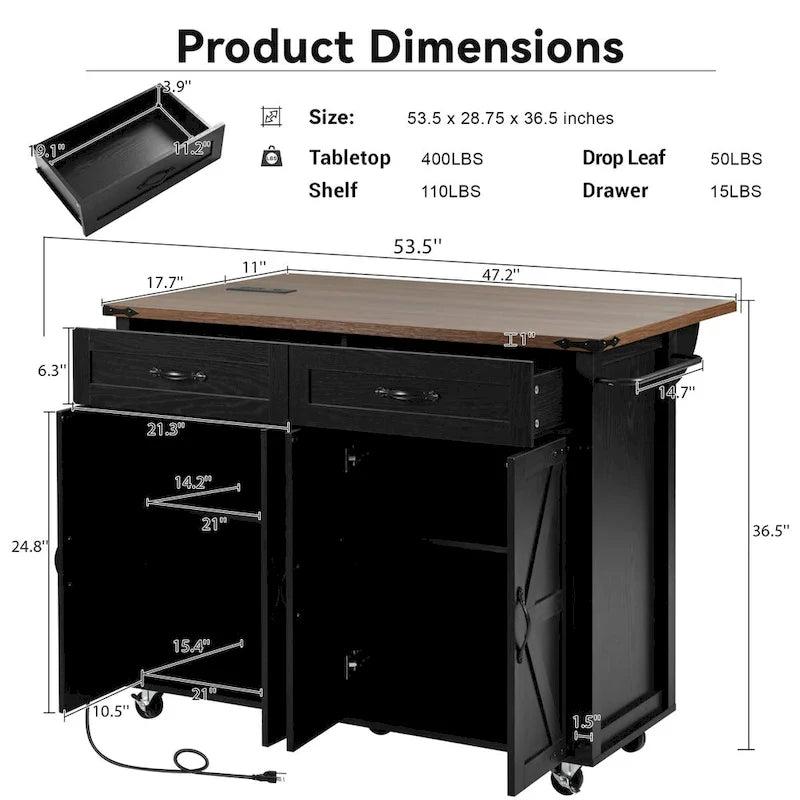 Îlot de cuisine de style campagnard de 53,5 po avec prise électrique, abattant, porte-épices et 2 tiroirs, 5 roues