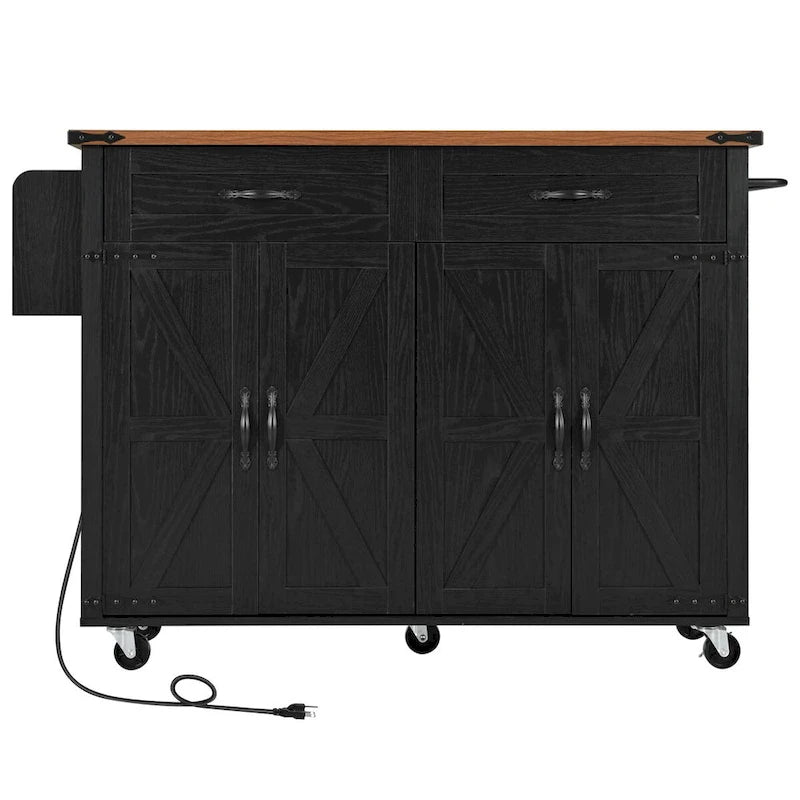 Îlot de cuisine de style campagnard de 53,5 po avec prise électrique, abattant, porte-épices et 2 tiroirs, 5 roues