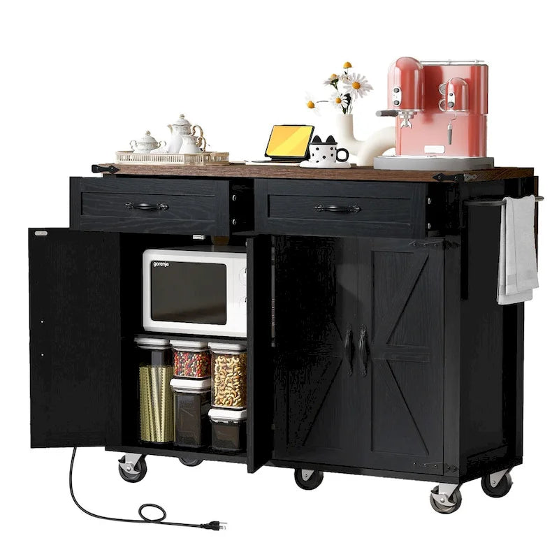 Îlot de cuisine de style campagnard de 53,5 po avec prise électrique, abattant, porte-épices et 2 tiroirs, 5 roues