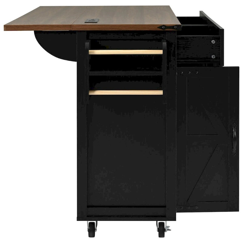 Îlot de cuisine de style campagnard de 53,5 po avec prise électrique, abattant, porte-épices et 2 tiroirs, 5 roues